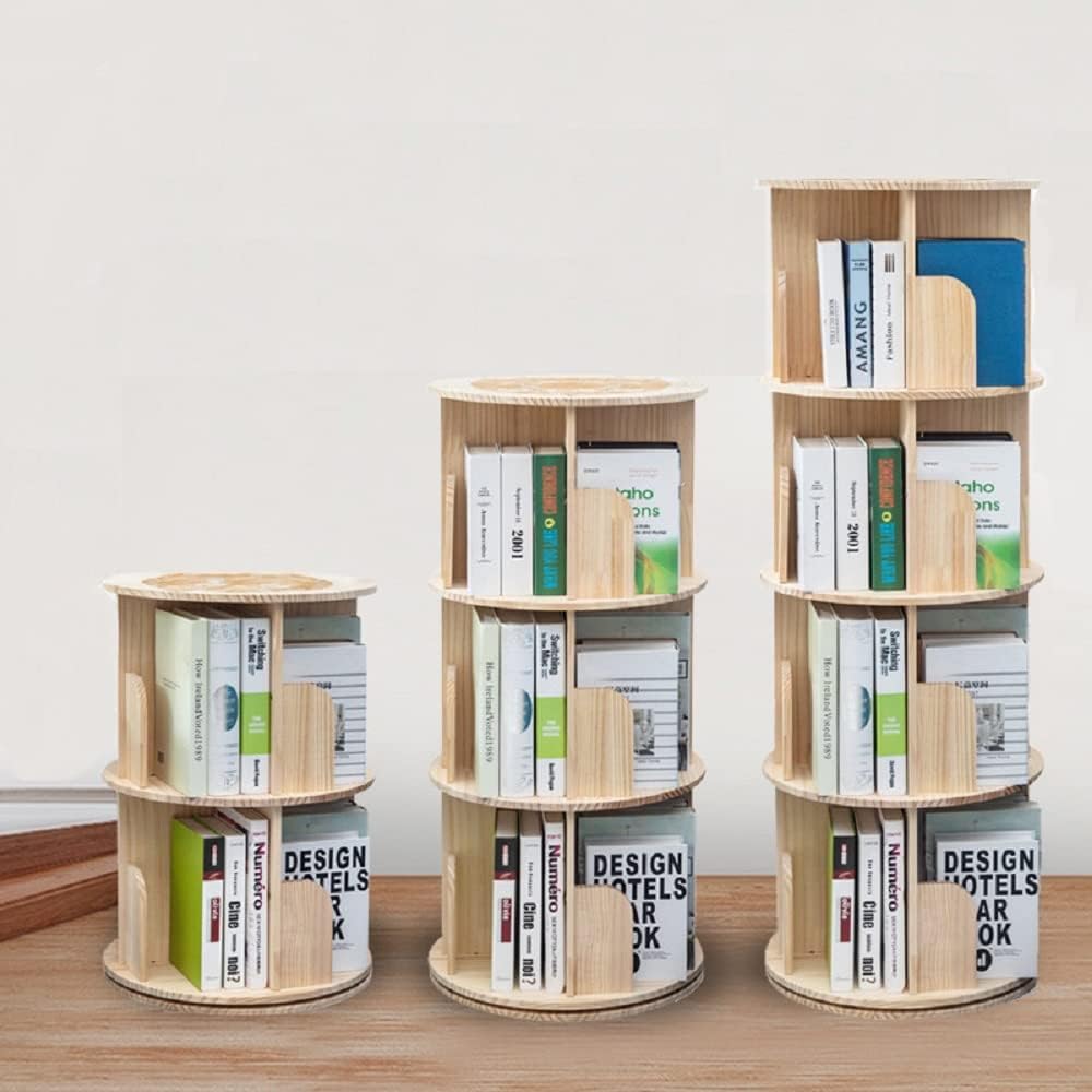 Heehee Wooden Rotating Bookshelf 360 Display Floor Standing Bookcase Storage Rack for Kids&Adults Multi-Functional Bookshelf Organizer (3-Tier)