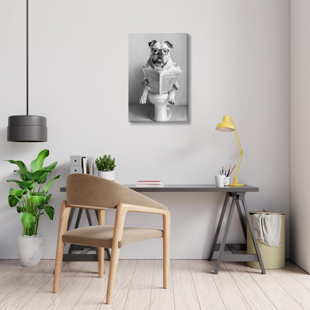 Funny Bathroom Wall Art Pitbull Sitting on Toilet Reading Newspaper Poster Black and White Animal Aesthetic Canvas Prints for Living Room Bedroom Wall Decor12x18inch Unframed