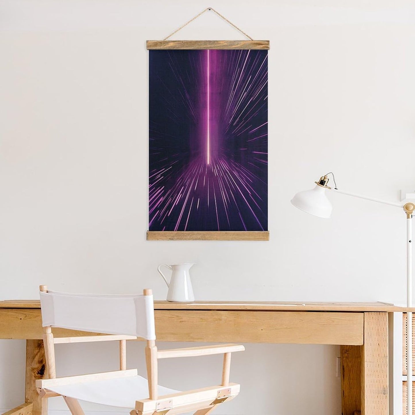 Vintage Purple Rays Poster with Wooden Frame Personalized Linen Hanging Scroll Painting Rustic Wall Hanging Illustrative Modern Artwork Decor for Home Living Room Bedroom Office
