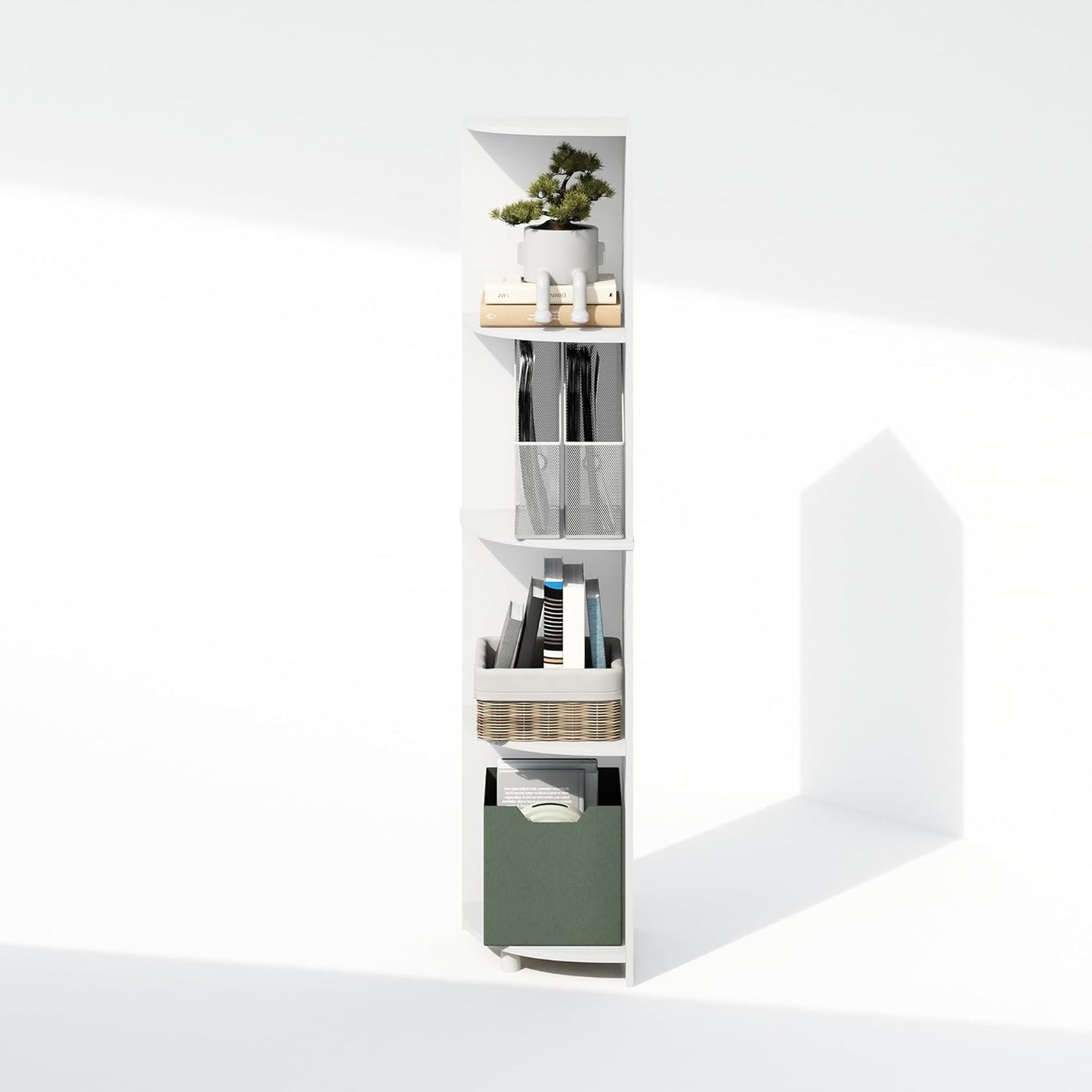 Furinno Basic Book Shelf, 4-Tier Bookshelf, Bookcase with Corner Shelf, 12 x 12 x 57.1, for Living Room, Bedroom, Home Office, White