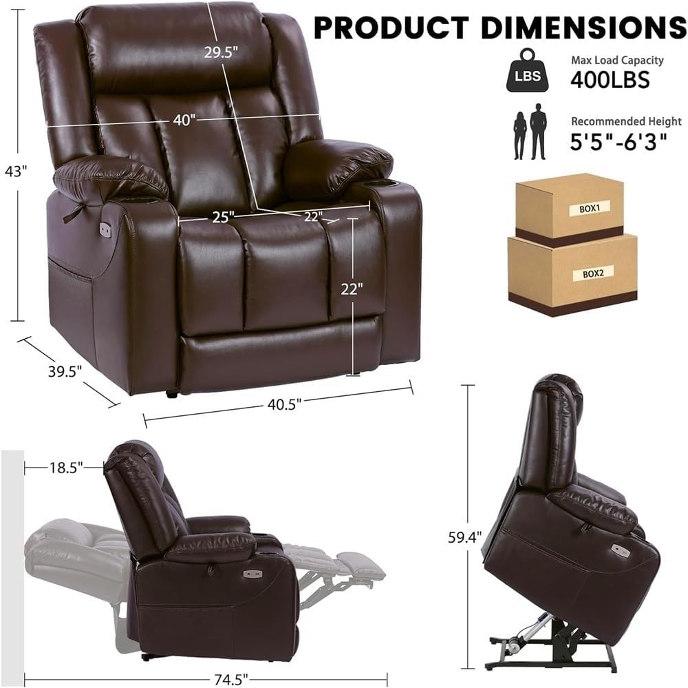 Dual Motor Heavy Duty Oversized Power Lift Recliner Chair for Elderly Leather Recliner with Massage Heat and Lay Flat Adjustable Electric Sofa Cup Holders Lift Chair