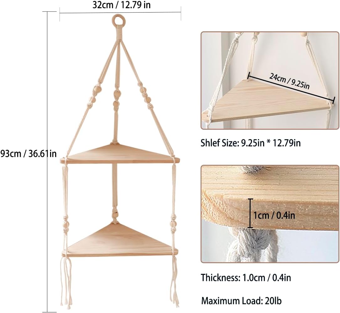 Artilady Corner Shelf White Wall Hanging - 2 Tier Wood Floating Shelves, Rustic Boho Wall Shelf Decor Hand Woven Cotton Rope Storage Rack for Plants Pots Photo Frames (White)
