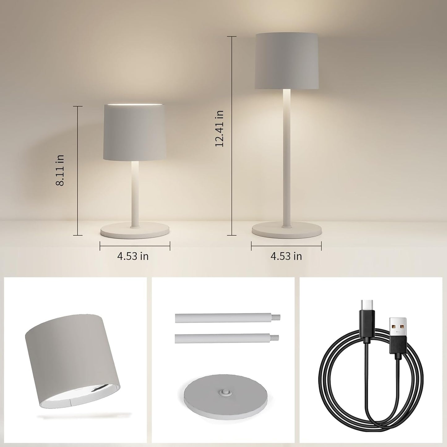 2-Pack Cordless Table Lamp, Portable LED Desk Lamps, 2 Adjustable Height, 4400mAh Battery Powered Rechargeable Light, 3 Color Stepless Dimming, for Restaurant, Bedroom, Outdoor Camping
