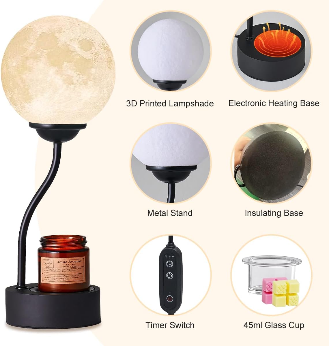 Candle Warmer Lamp with 7 Colors Moon Lamp, Electric Candle Warmer with Timer, Gifts for Mom, Vintage Wax Melt Warmer for Scented Wax for Jar Candle with Glass Cup, Metal Glass Resin Material