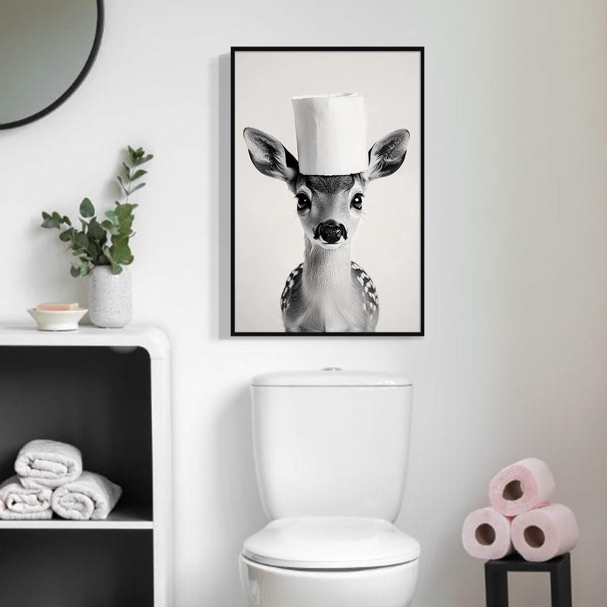 XMJJQQ Funny Animal Bathroom Canvas Wall Art, Deer Overhead Toilet Paper Roll Poster, Black and White Restroom Wall Print, Funky Modern Guestroom Animal Painting Picture Wall Decor 8x12in Unframed