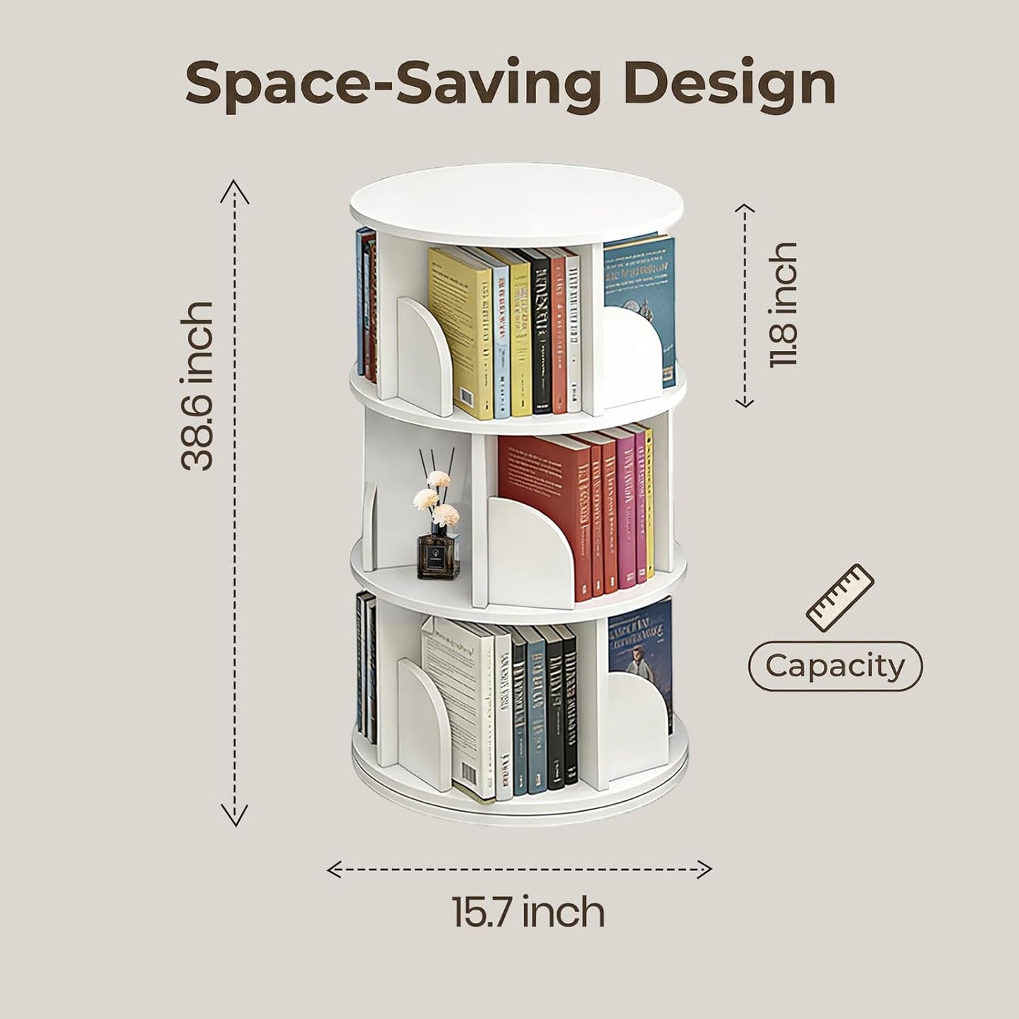3 Tier Rotating Bookshelf, 360-Degree Swivel Revolving Tower Floor Standing Bookcase with Lazy Susan, Narrow Spinning Organizer for Small Space, Corner Storage, Study Room, Adult & Kids, White