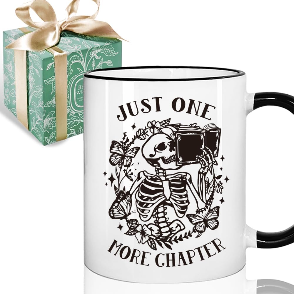 Funny Book Mug for Book Lovers - Just One More Chapter Skeleton Reading Gifts for Women Men Librarian Bookish Book Club Bookworms Readers Teacher Booknerd Friends 11oz