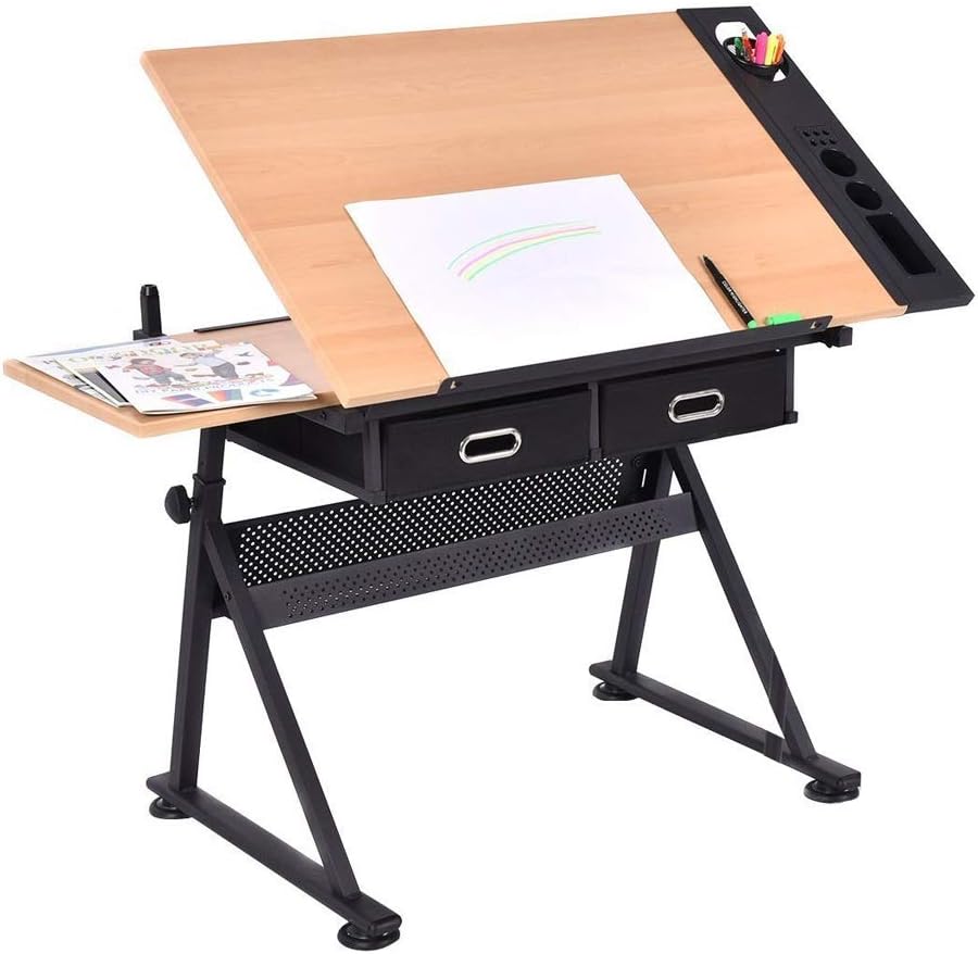 Drawing Tilting Tablet,Drafting Desk, Height Adjustable Drawing Desk, Tiltable Craft Table with Storage, Maple Panel Art Desk, for Home Office Drafting Table