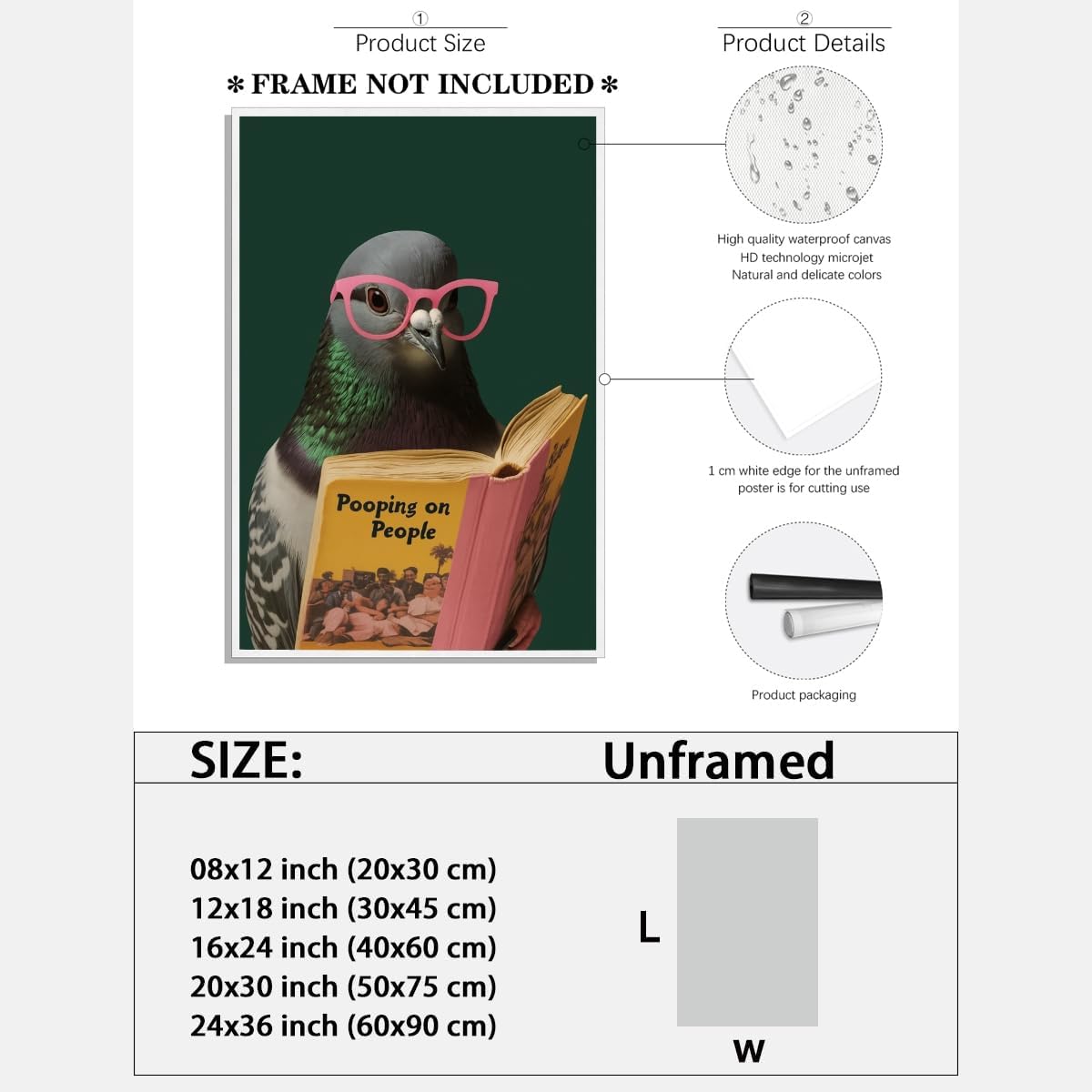 Funny Bathroom Wall Art Quirky Pigeon Reading Pooping on People Poster Trendy Bathroom Humor Painting Canvas Print Retro Bird Animal Green Wall Decor For Home Toile Restroom 16x24inch Unframed