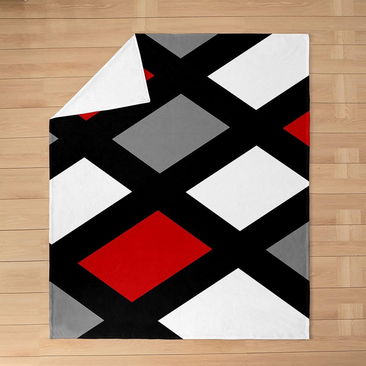 Red and Gray Black White Fuzzy Blanket Kids Modern Abstract Geometric Bed Throw Blanket Women Men Stripe Line Pattern Decor Fleece Throw Blanket Microfiber Flannel Plush Blanket Soft Queen