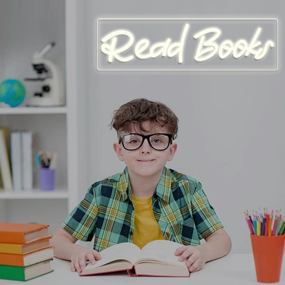 Read Books Neon Sign LED Neon Lights Dimmable USB Powered Book Lovers Words Quotes Sign Kid Room Light Wall Art for Library Classroom Reading Corner Decor 16"x4.23"