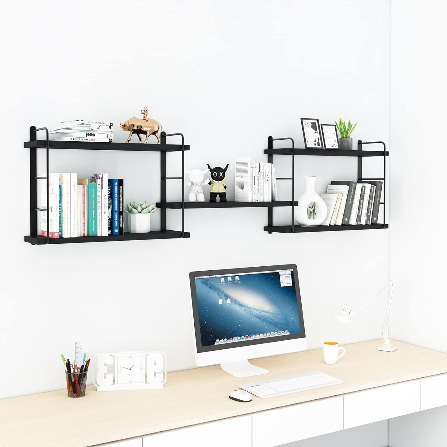 Wall Shelves, Wall Mounted Bookshelves, DIY Floating Shelves for Wall, Wood Hanging Book Shelves for Room, Bedroom, Living Room, Easy Installation (Black, 50W x 17H)