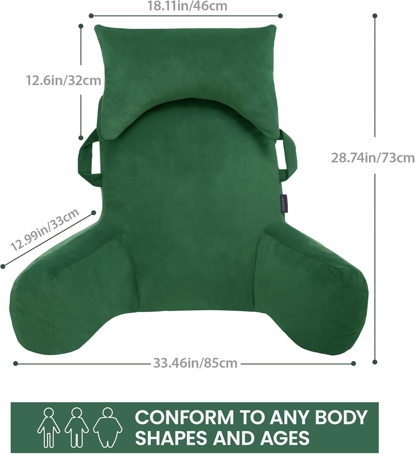 Portable Reading Pillows with Headrest for Bed Sitting Up(Green Oeko-Tex), Velvet Back Pillow with Arms & Pockets for Adults, Support Memory Foam Bed Pillow for Dorm/Reading/Watching/Gaming