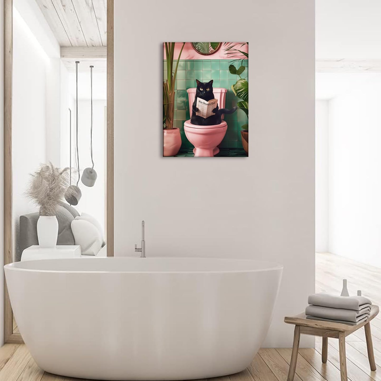 Funny Cat Bathroom Wall Art, Cute Black Cat Wall Decor Paintings, Whimsical Animal Reading Newspaper on The Toilet Poster Canvas Prints Aesthetic Picture 12x16 inch Framed