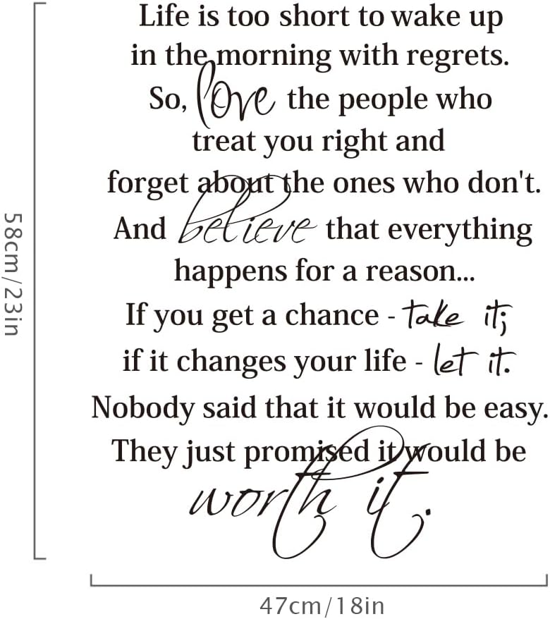 Life is Too Short to Wake Up in The Morning with Regrets,Inspirational Wall Decal Quotes,Living Room Bedroom Saying Sticker Wall Art Decor, 23 X 28In