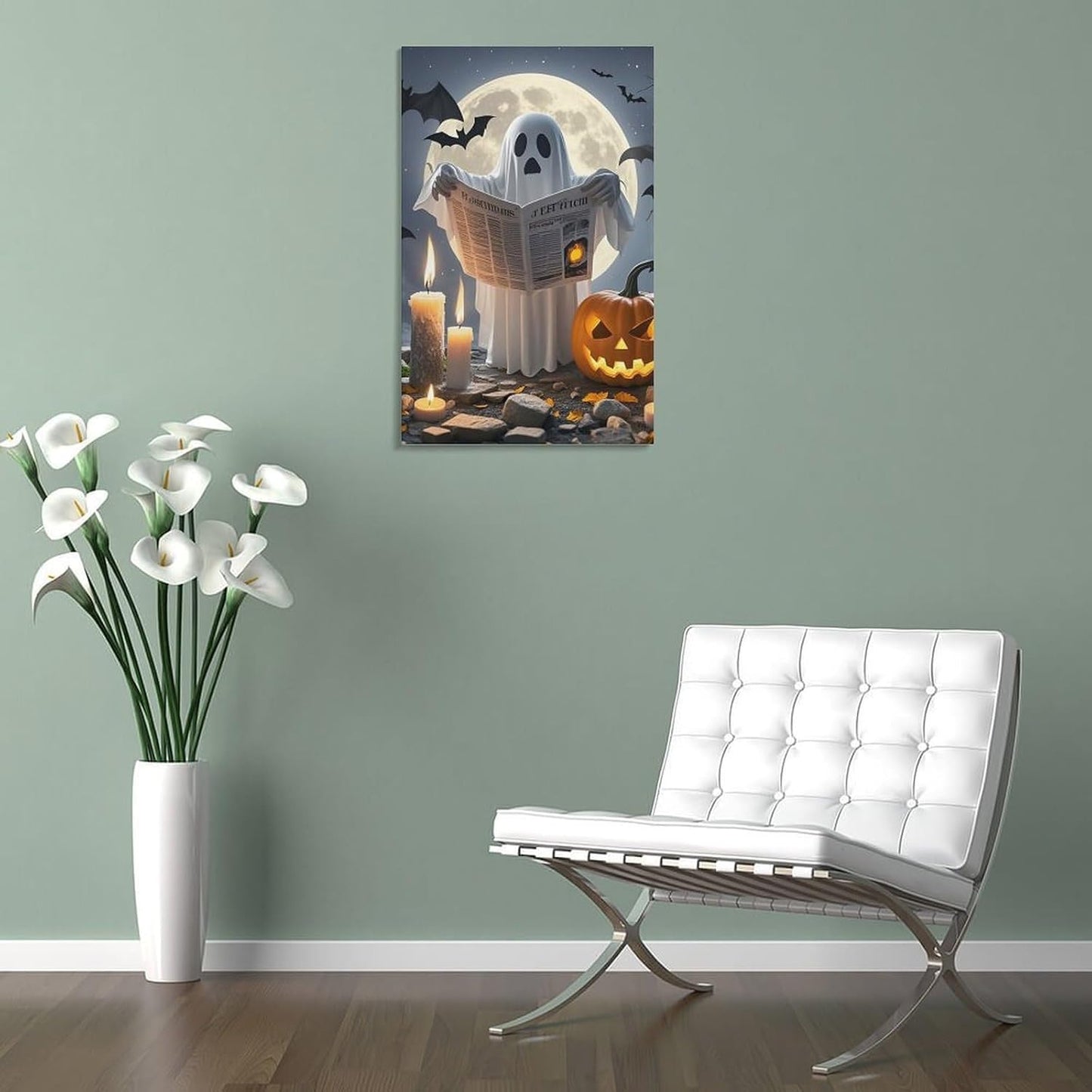 ZLFDSKGY Frame 20x30 inch (50x75 cm) Canvas Wall Art Ghost Reading Printed Wall Decor Hanging Canvas Pictures Wall Decorations Art Poster for Living Room Bedroom Bathroom