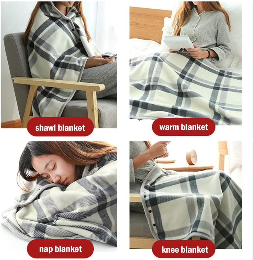 Fleece Wearable Blanket 55 x 39 Shoulder Wrap Blanket for Sofa, Couch (Grey-White)