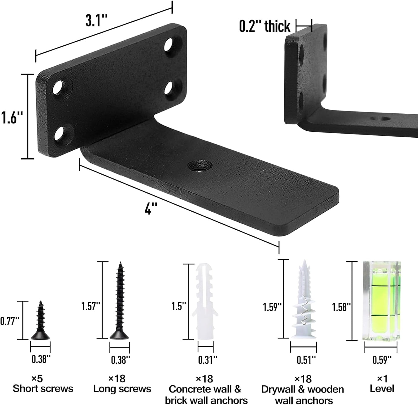 HITOMEN Heavy Duty Floating Shelf Brackets, 4-Inch (1/5'' Thick) Hidden Shelves Hardware, Iron L Brackets, Rustic Industrial Black Metal Wall Shelving Supports, 4 Pack