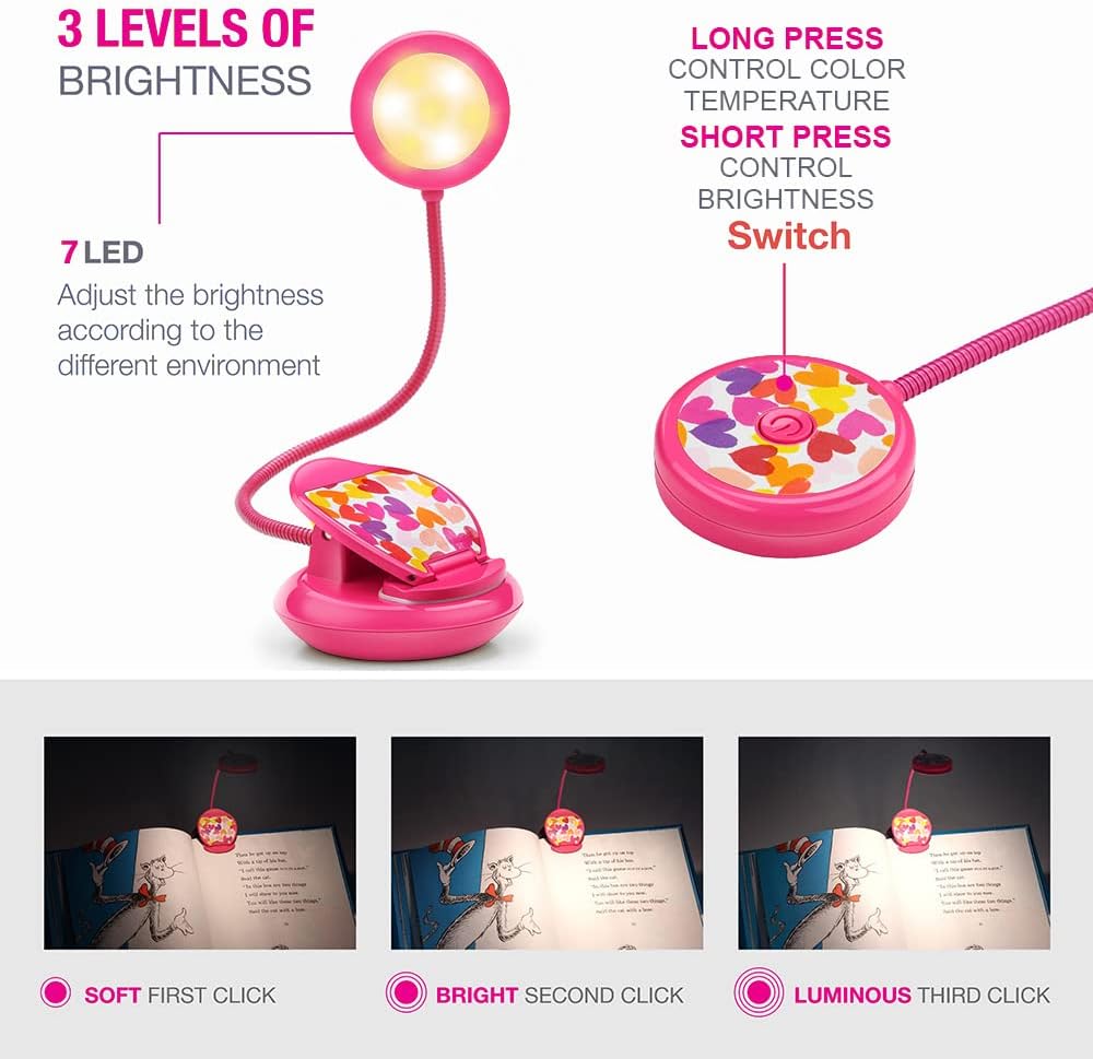 Vekkia Cute Rechargeable Book Light, Eye-Care Clip on Lights for Reading in Bed, 3 Colors & 3 Brightness, 1.8oz Lightweight, Up to 40 Hours Useage, Great Gifts for Kids & Readers (Rose Red)