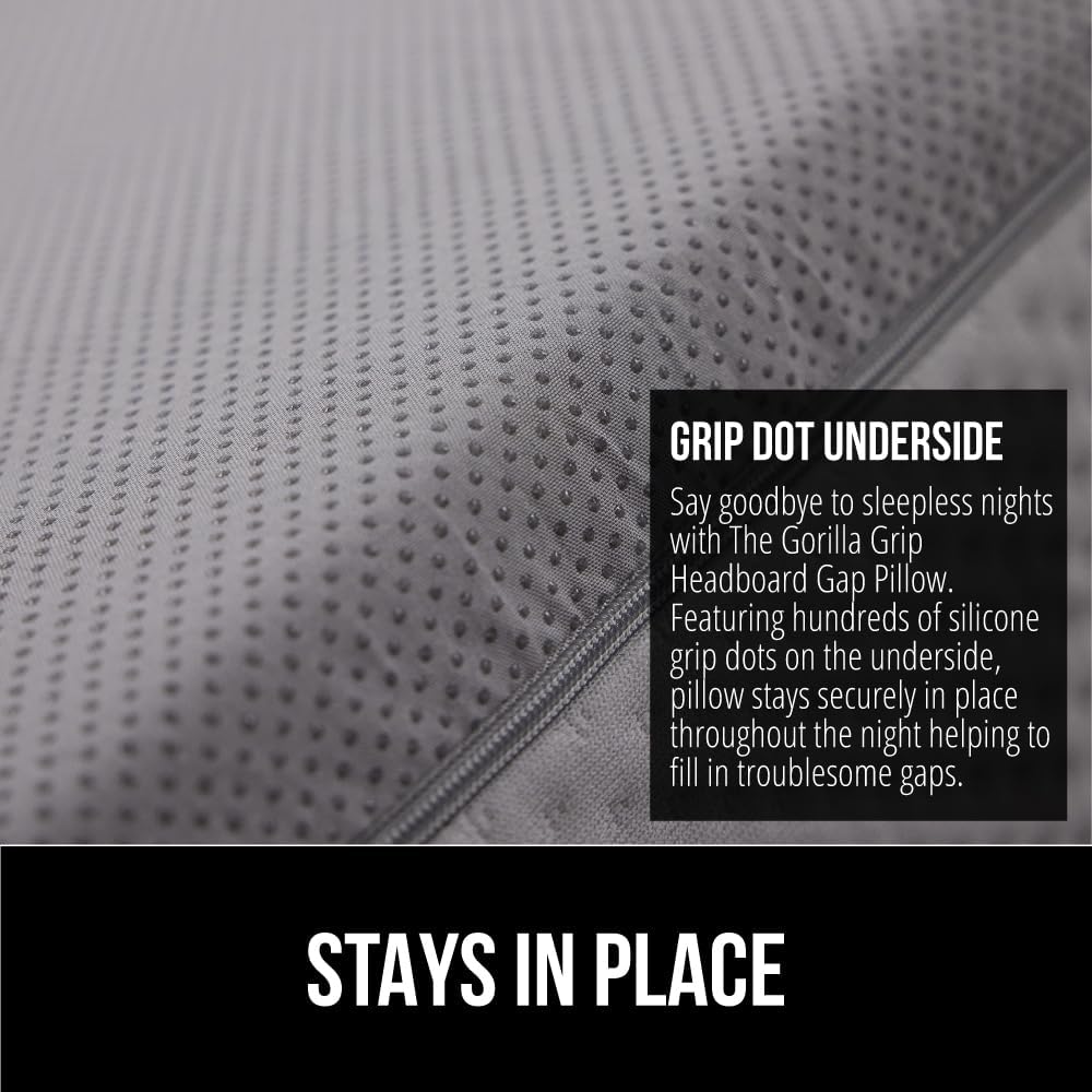 GORILLA GRIP Patented Bed Wedge Pillow for Headboard Gap, Filler Between Mattress Gaps, Comfortable Supportive High Density Cushioned Foam Pillows, Stay in Place Gripping Dots, Full Size Soft Gray