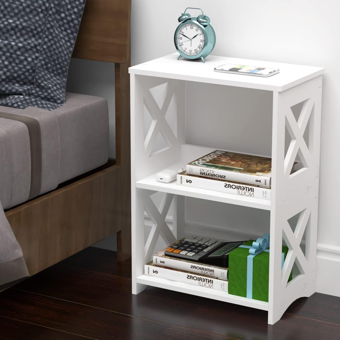 Side Table, Narrow End Table with Storage Shelf, Minimalist Bedside Tables Nightstand, Small Bookshelf Bookcase, Bathroom Shelves, Display Rack for Bedroom, Living Room, Office, White.