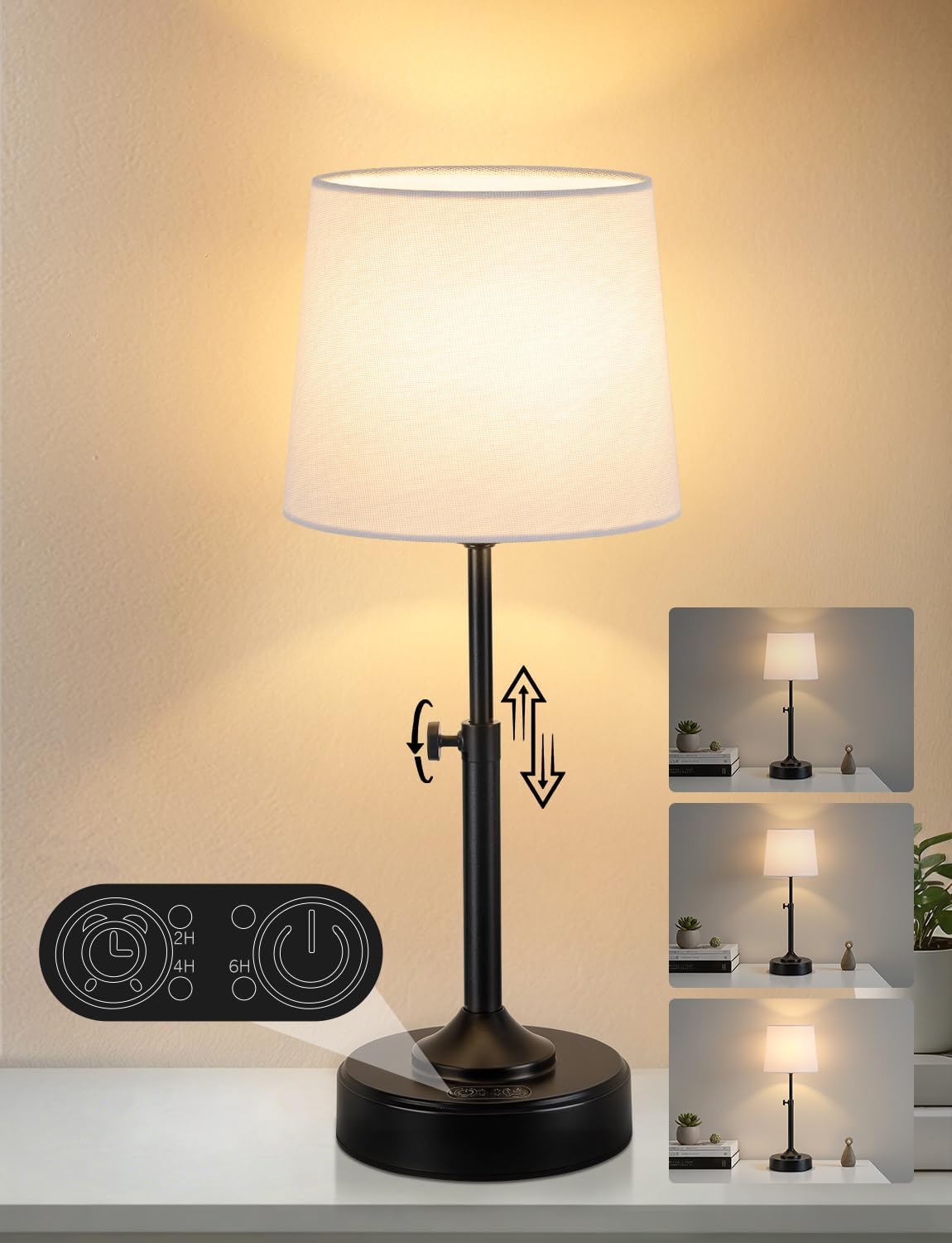 Height Adjustable Cordless Table Lamp Rechargeable with Timer, 3-Way & Stepless Dimmable LED Battery Operated Table Lamp, Wireless Battery Powered Lamp, Black Touch lamps for Nightstand Countertop