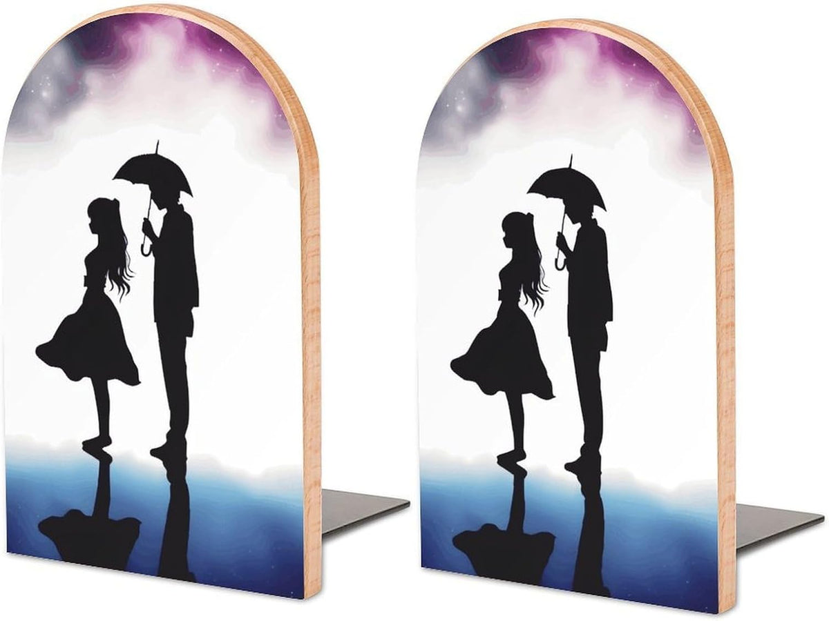 Non-Slip Bookend for Shelves Anime Lovers Silhouette Wooden Bookends with Metal Base Decorative Book Stopper for Home Heavy Duty Wood Book Storage for Books/CDs