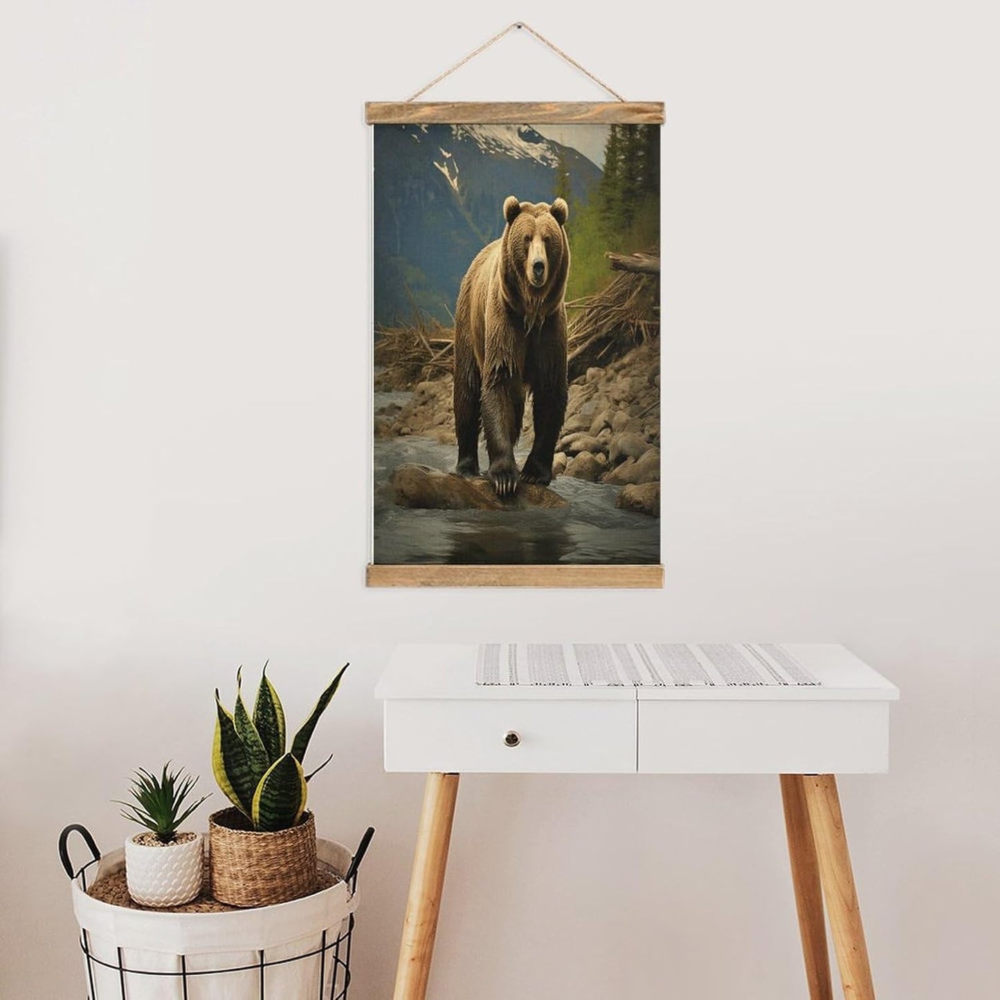 Vintage Brown Bear Poster with Wooden Frame Personalized Linen Hanging Scroll Painting Rustic Wall Hanging Illustrative Modern Artwork Decor for Home Living Room Bedroom Office