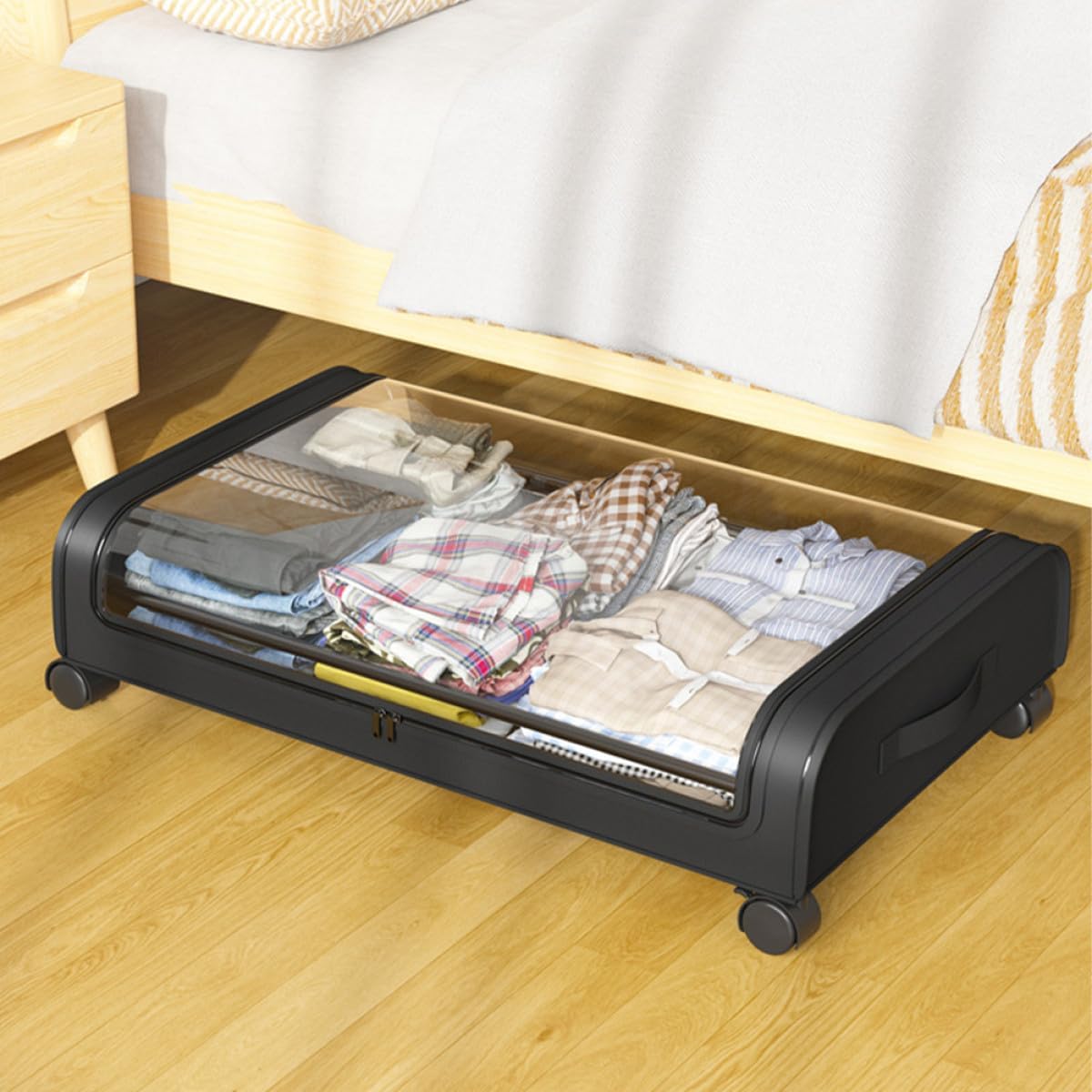 PRETYZOOM Bed Organizer Storage Box with Wheels, Lid, Black Plastic Sturdy Multi-functional Bedroom Storage Cart for Clothes and Books Dustproof