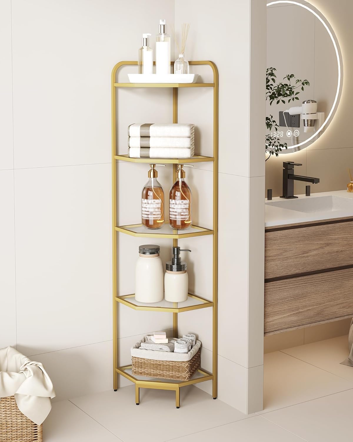 Corner Shelf Stand, 5-Tier Glass Bookshelf Bookcase, Bathroom Organizer, Plant Stand, Steel Frame, Tempered Glass, Modern Style for Living Room, Bathroom, Kitchen, Golden CS90200G