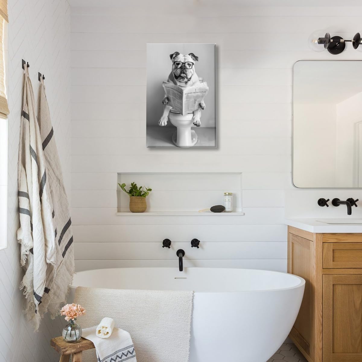 Funny Bathroom Wall Art Pitbull Sitting on Toilet Reading Newspaper Poster Black and White Animal Aesthetic Canvas Prints for Living Room Bedroom Wall Decor12x18inch Unframed