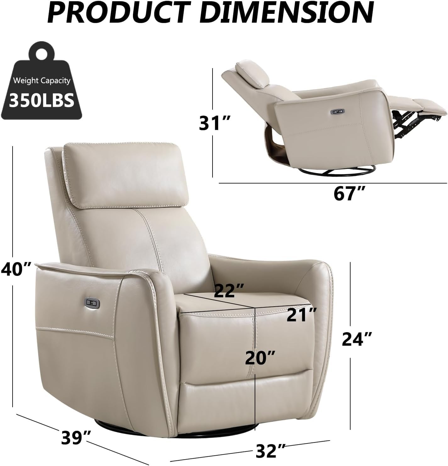 Power Swivel Glider Rocker Recliner Chair for Nursery, Breathable Leather Electric Reclining Chair with USB Port, Upholstered Rocking Chair for Living Room