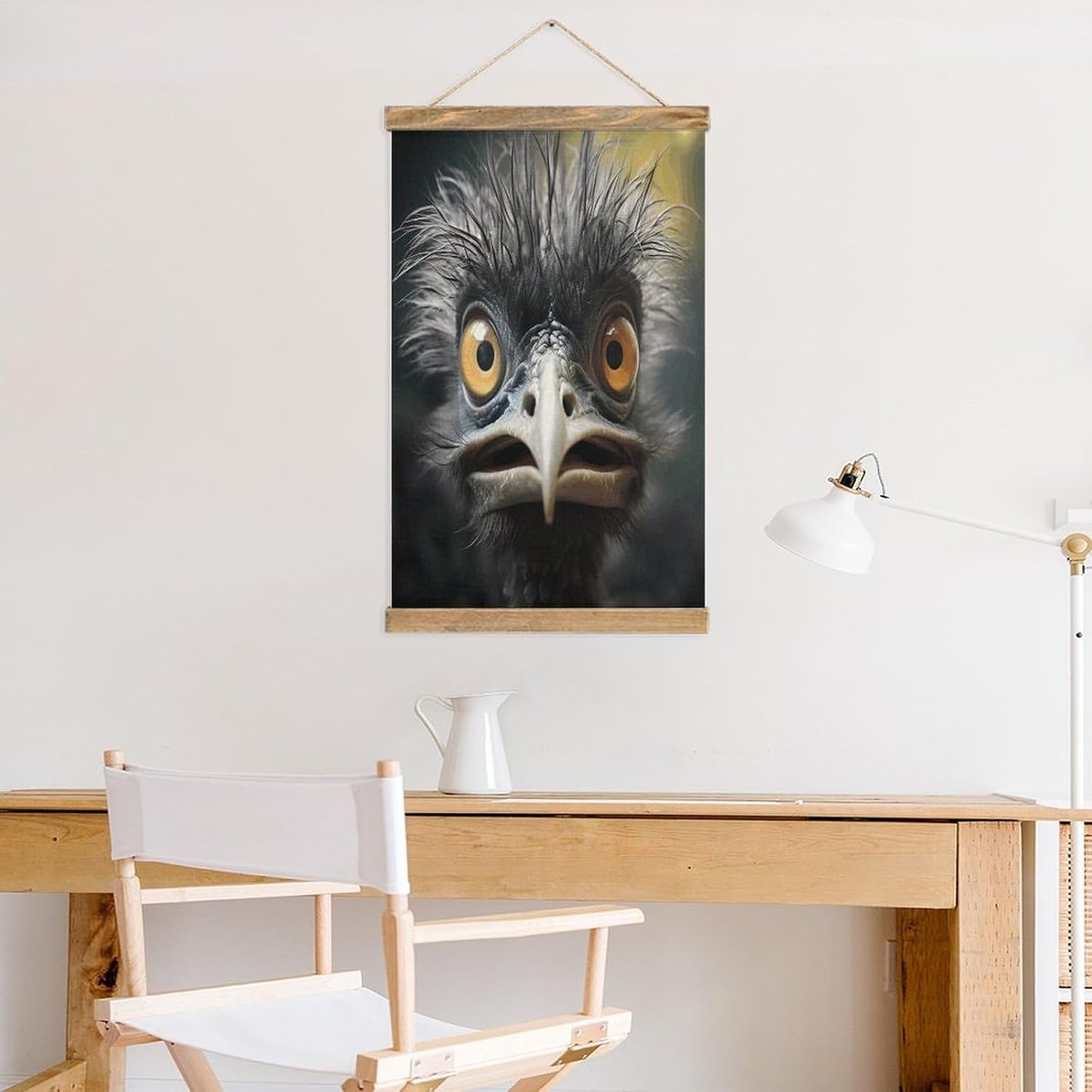 Vintage Emu Poster with Wooden Frame Personalized Linen Hanging Scroll Painting Rustic Wall Hanging Illustrative Modern Artwork Decor for Home Living Room Bedroom Office