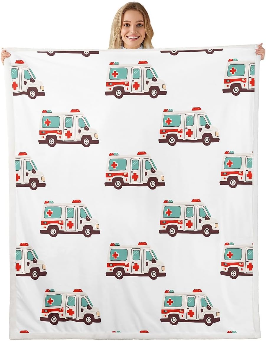 Feelyou Cartoon Ambulance Sherpa Blanket Car Fleece Throw Blanket Decor Car Plush Blanket Microfiber Emergency Responder Vehicles White Red Fuzzy Blanket Bedroom 40"x50"