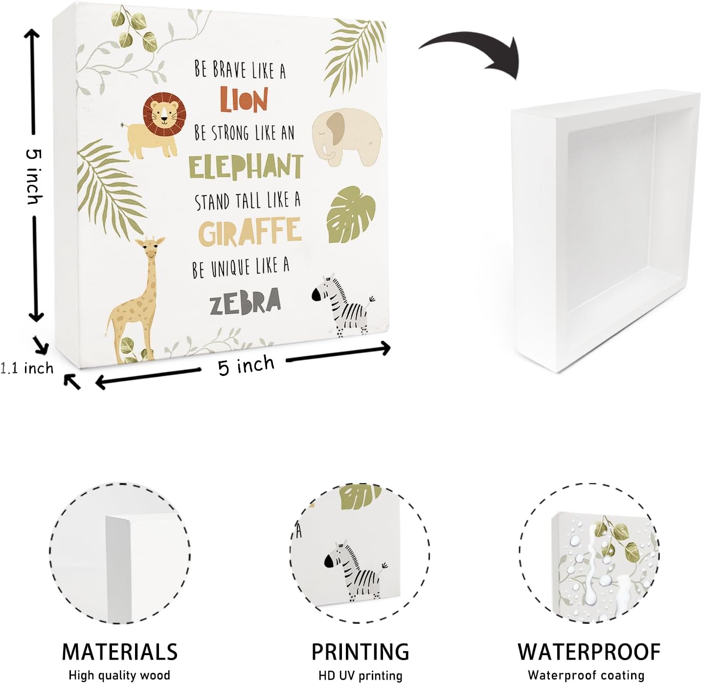 Animal Nursery Wood Box Sign 5×5 Inches, Inspirational Forest Animal Lion Elephant Giraffe Zebra Wood Sign for Kids Room Dorm Nursery Bedroom Home Desk Tabletop Shelf Decor