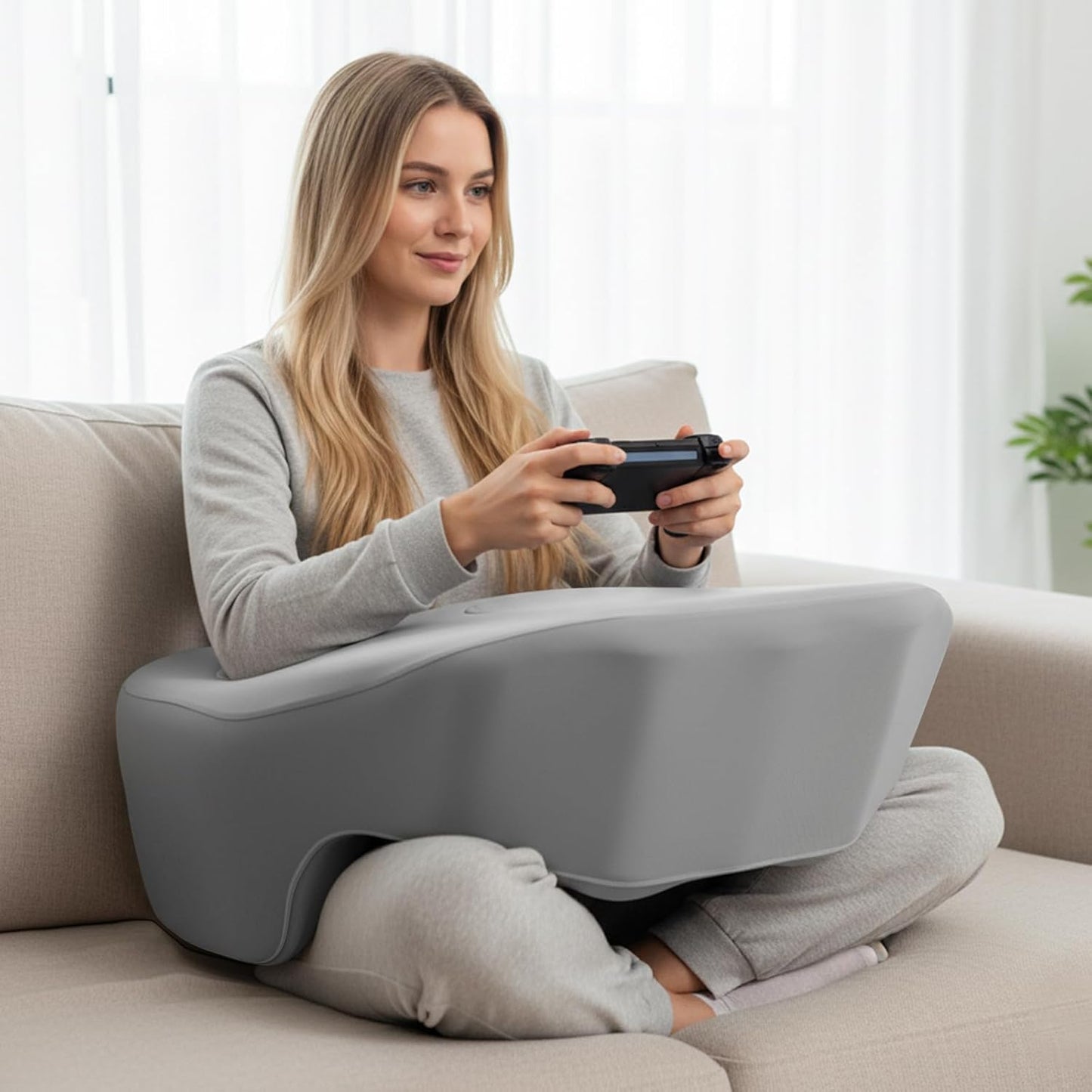 Reading Pillow, Lap Desk Pillow for Adult, Gaming Pillow for Arm Support with Cup Holder, Memory Foam Bed Desk for Working, Playing Game or Siting in Bed, Floor, Sofa (Grey)