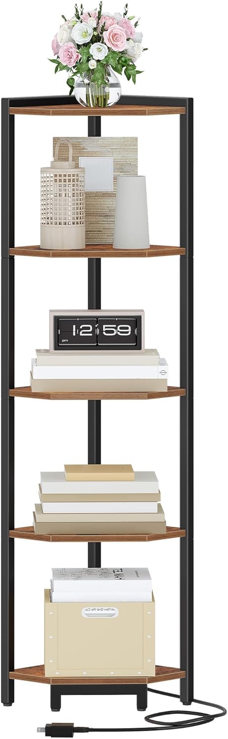 Corner Shelf with LED Light, 5-Tier Corner Bookshelf, Tall Narrow Display Bookcase with Metal Frame, Standing Shelf for Small Space, Living Room, Home Office, Bedroom, Rustic Brown CS66501B