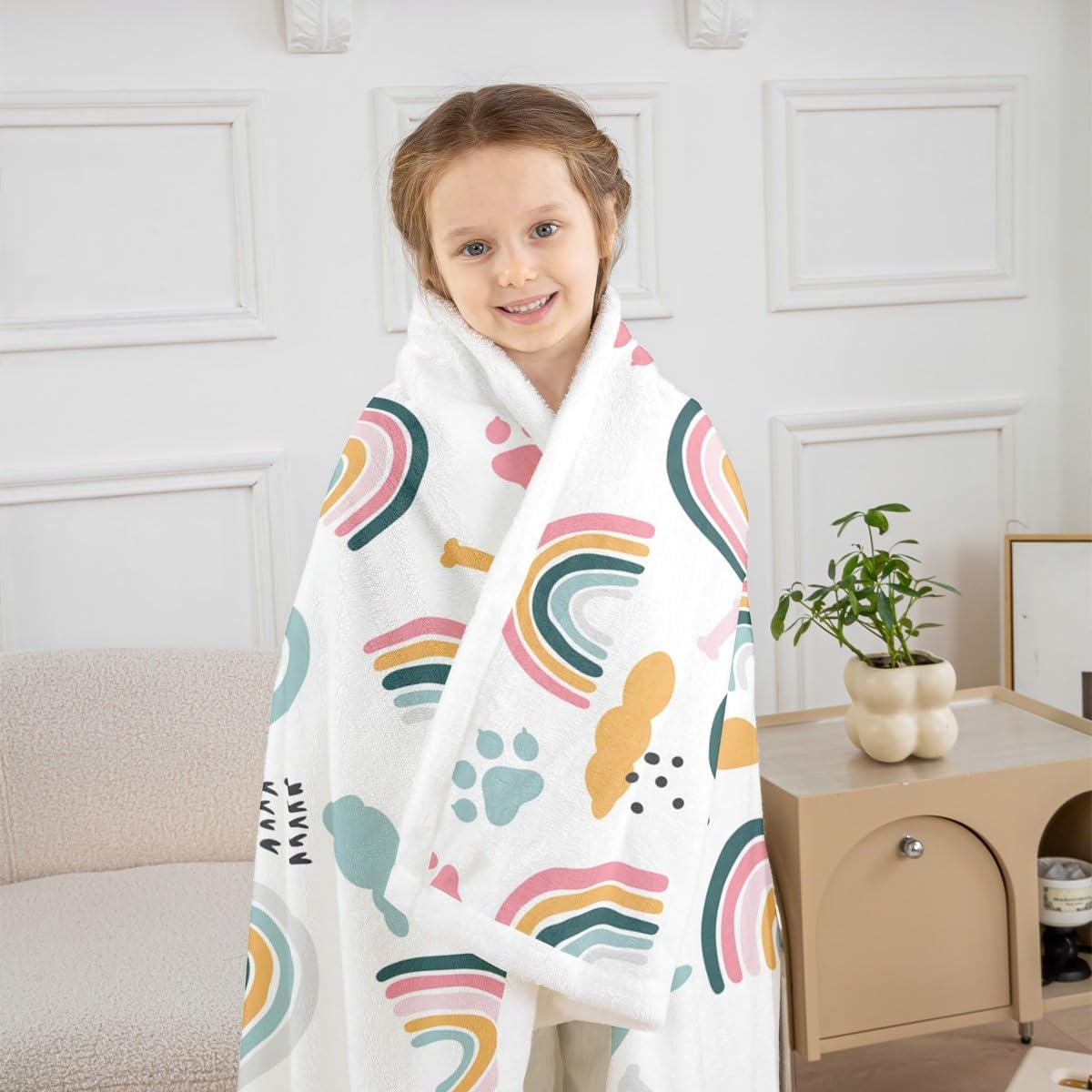 Girls Rainbow Throw Blanket,Cartoon Dog Paw Print Cloud Bones Pattern Blankets for Kids Boys Teens Room Decor,Lovely Pet Animal Theme Fleece Blanket Pink Blue White Sherpa Blanket