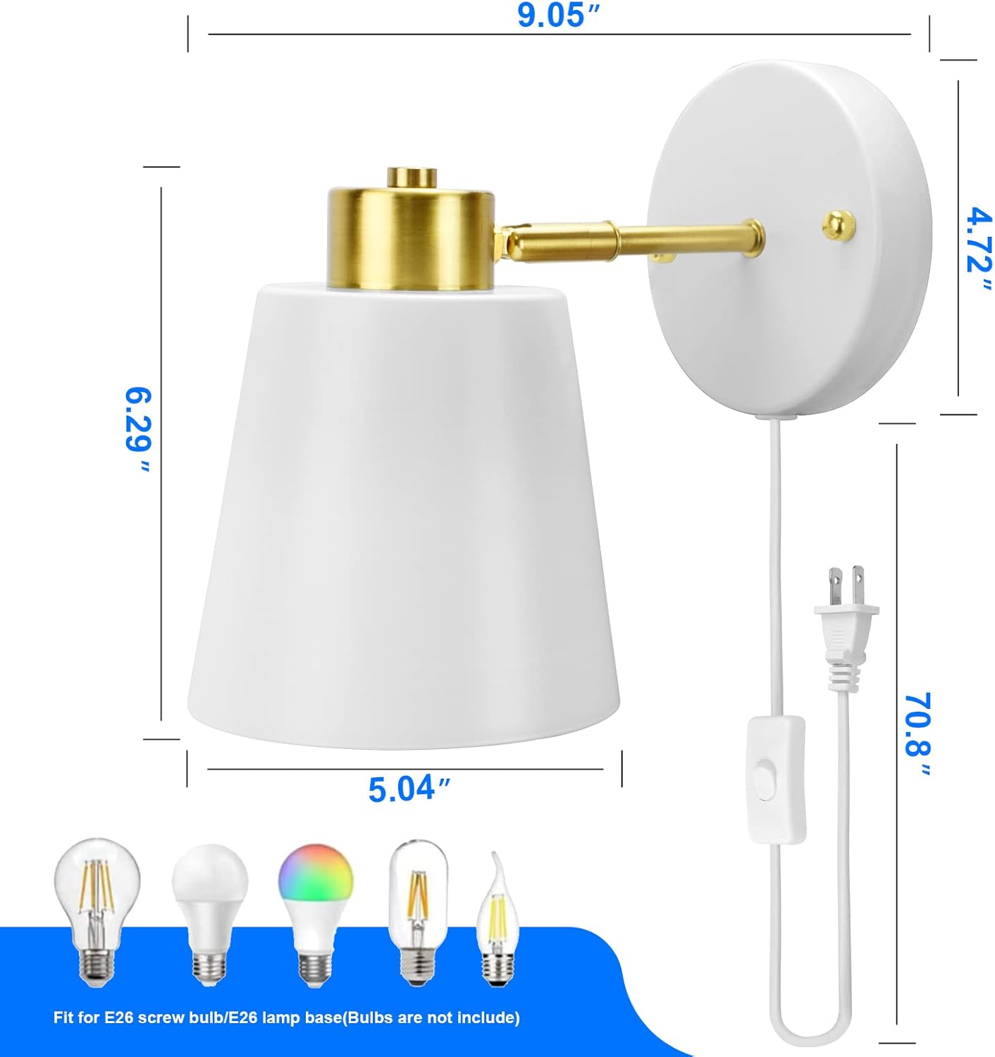 Yollzey Plug in Wall Sconces, Rotatable Angle White Wall Lamp with Plug in Cord Metal Vintage Industrial Wall Mounted Light Reading Light for Bedroom Bedside Doorway(2 Pack)