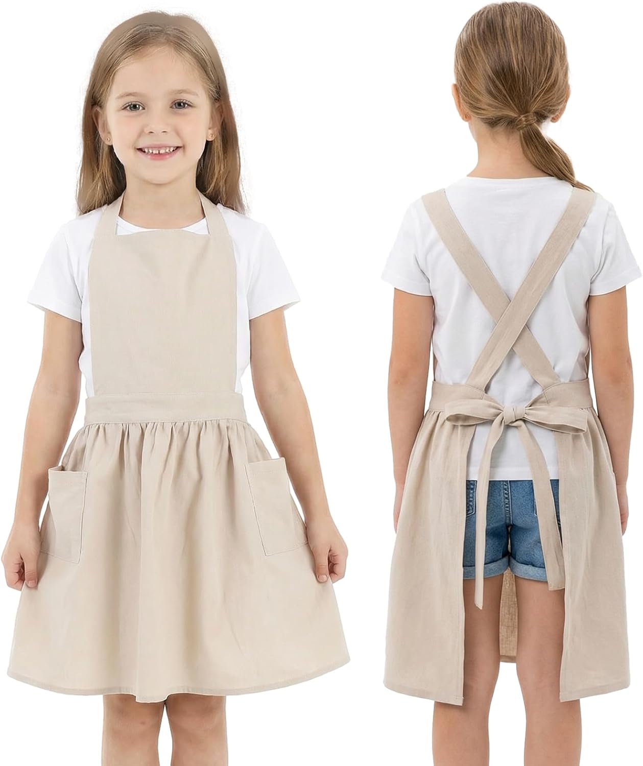 Kids Cross Back Apron with Pockets, Toddler Apron for Girls and Boys, Japanese Style Pinafore Aprons for Toddler Painting, Cooking, Baking, Gardening - Beige