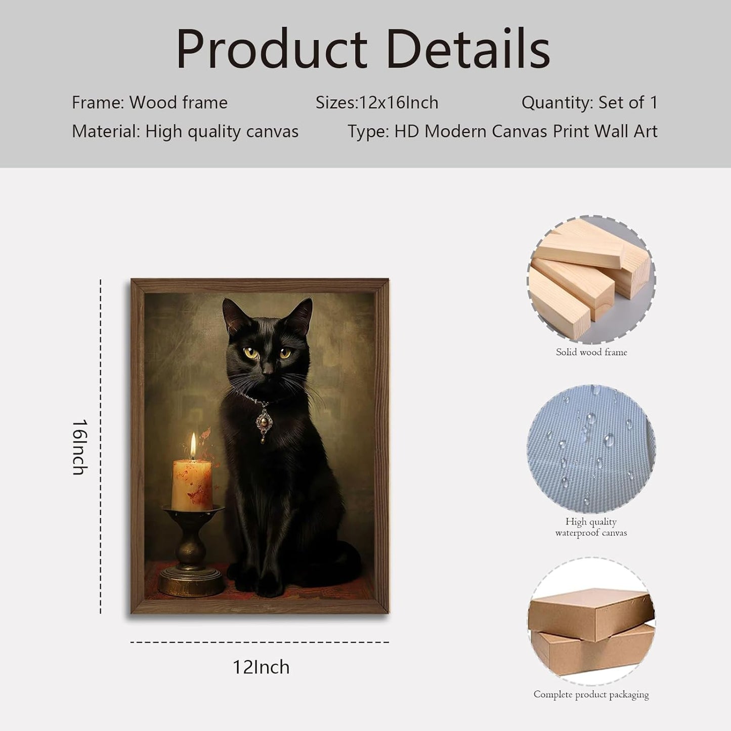 Framed Black Cat Wall Art with Dark Wood Frame – 12x16 Inch Gothic Vintage Cat Canvas Print – Witchcore Witch Aesthetic Painting for Bedroom, Living Room – Dark Academia Decor Poster for Cat Lovers