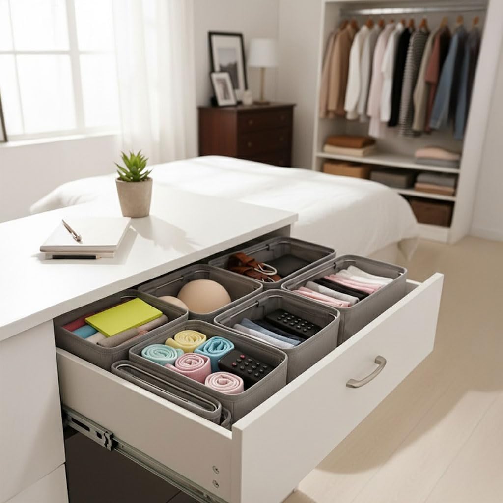 4-Pack Foldable Drawer Organizers with Metal Frame Support – Sturdy Fabric Storage Bins for Socks, Underwear, Baby Clothes & Belts, Closet Dividers (Grey) (11.8 x 5.9 x 4.21 inc)
