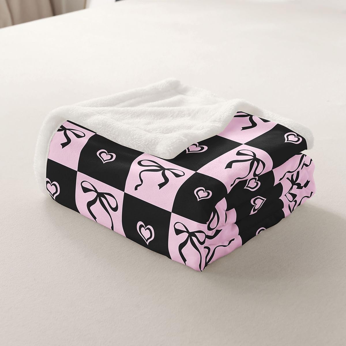 Feelyou Cute Bow Sherpa Throw Blanket for Couch Pink Plaid Checkered Super Soft Cozy Fleece Pink Black Blanket for Winter, Plush Throw Twin 60"x80" All Season