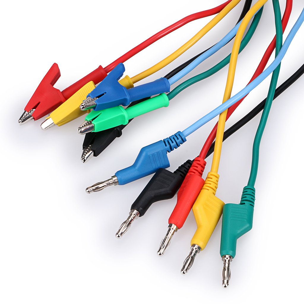 Sumnacon Multimeter Banana Plug to Crocodile Alligator Clip Test Probe, 5PCS 4mm Stackable Colorful Silicone Banana Plug to Alligator Clip Test Probe Lead Wire Cable 1M
