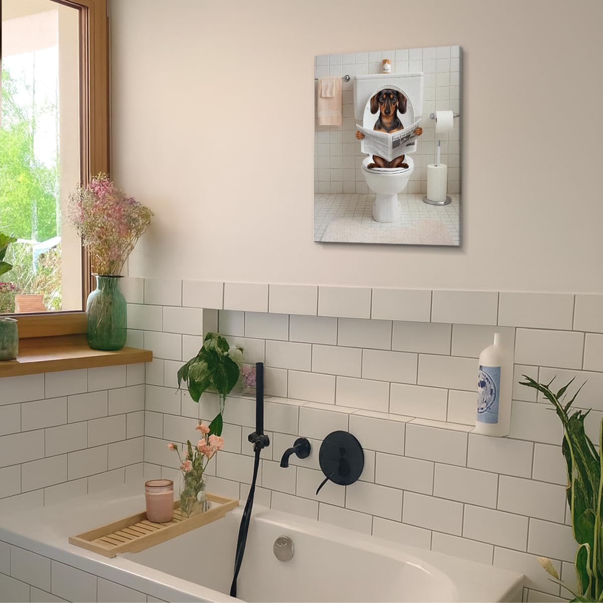 QPVXSST Funny Dachshund Bathroom Wall Art Dachshund Dog Reading Newspaper on Toilet Picture Poster Toilet Humor Modern Artwork Bathroom Wall Decor 8X10 Inches