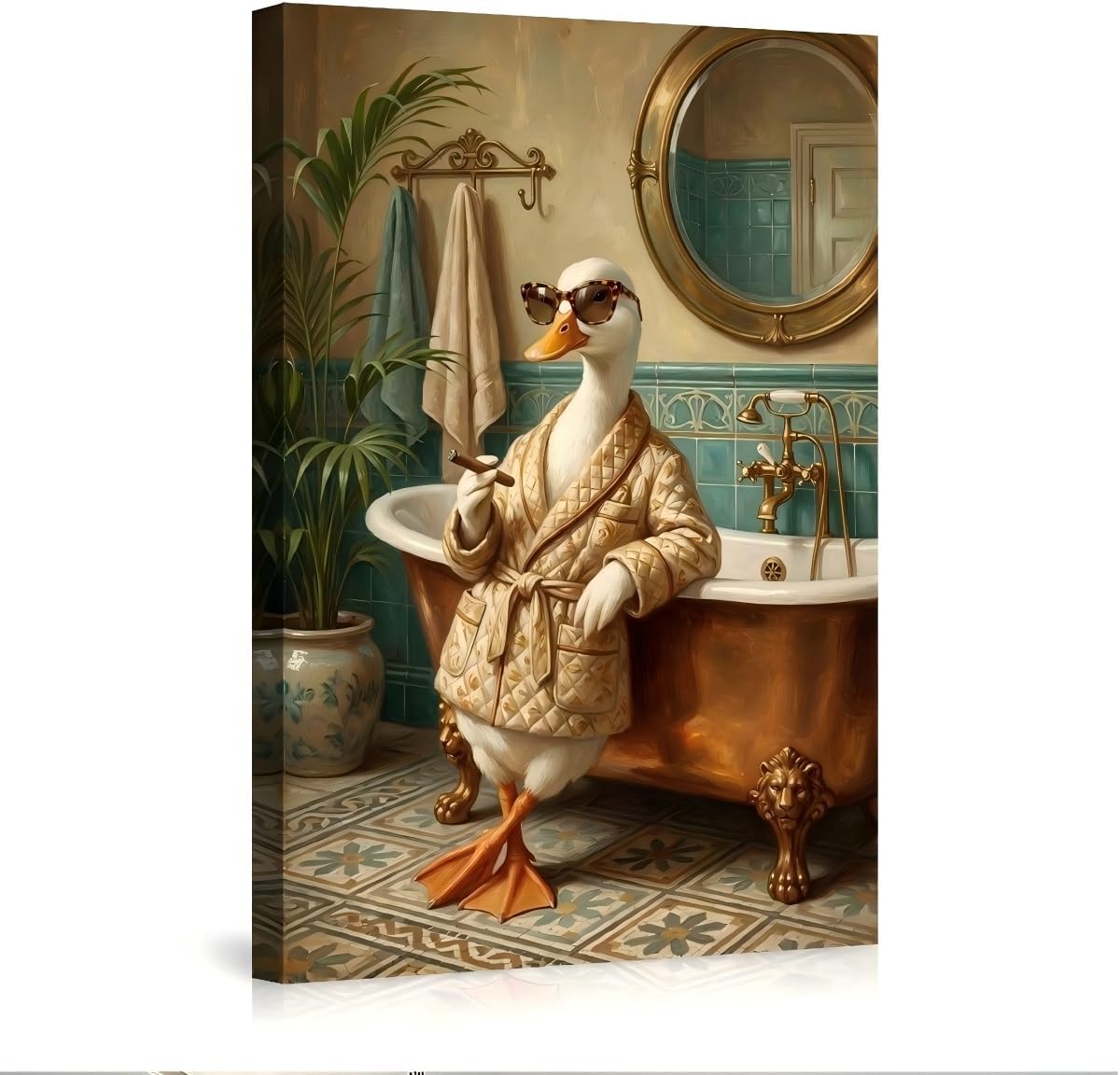 JMBHWD Cute Duck Goose Bathroom Canvas Wall Art Whimsical Animal Quirky Duck in Robe Themed Poster Paintings Prints Artwork Wall Decor for Nursery Kids Room Humorous Decor 8x10inch