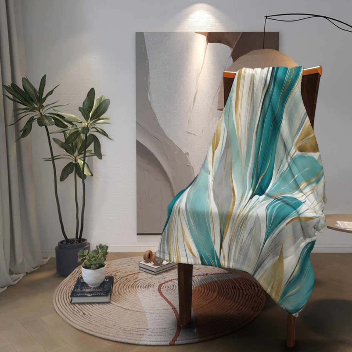 Soft Throw Blanket Watercolor Paint Strokes Pattern Abstract Gold Beige Teal Blue Grey Print Design Lightweight Blanket for Beds, Sofas & Couches - All Seasons Home Décor