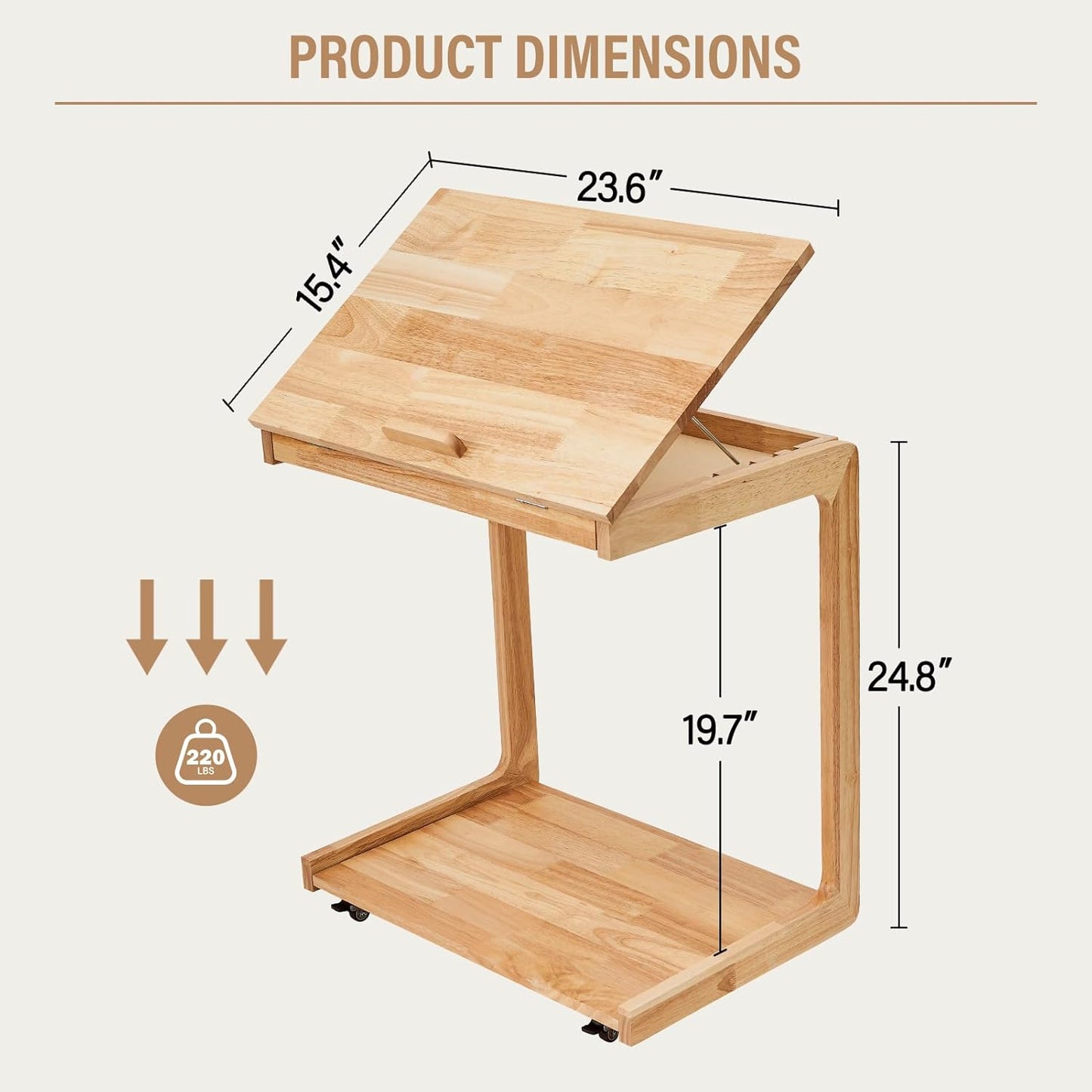 Couch Tables That Slide Under - C Shaped End Table for Couch, Wooden Side Table for Sofa, Small Sofa Arm Tray Desk, Rolling Side Table with Wheels for Laptop/Living Room/Bedroom, Natural