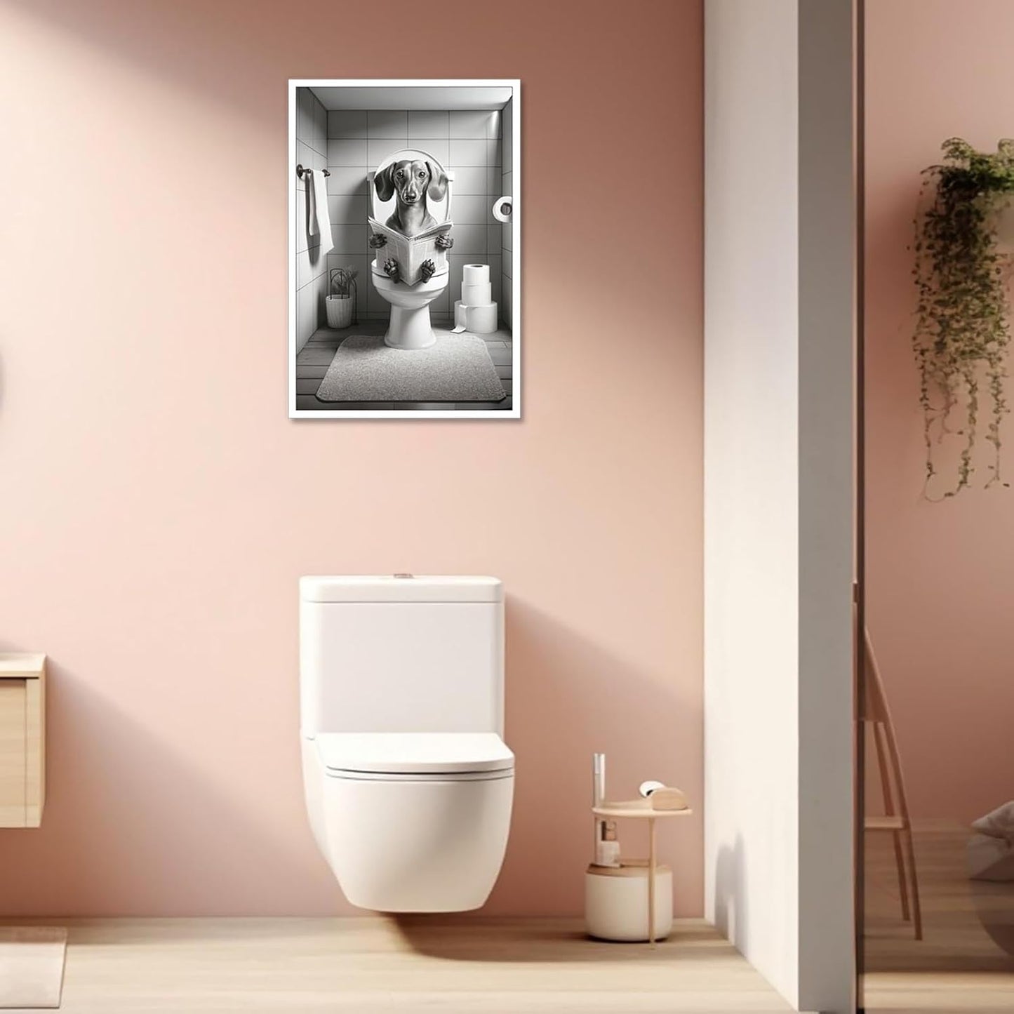 Canvas Funny Dachshund Posters Petshop Wall Art Animal In Toilet Sitting On Toilet And Reading Newspaper Prints Painting For Bathroom Home Bedroom Dorm Decor 12x16in Unframed