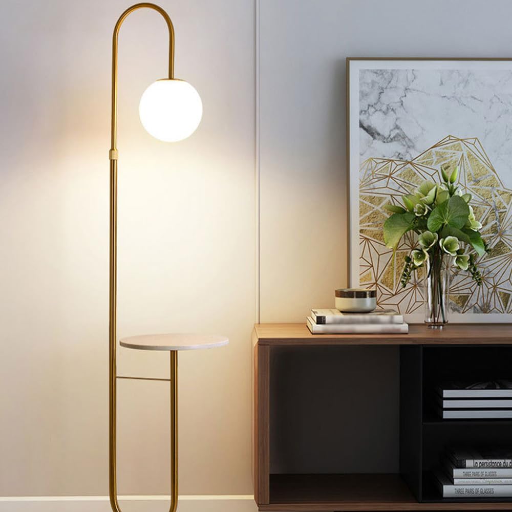 Nordic Height Adjustable Arc Tall Lamp Glass Ball Floor Lamp Marble Base Floor Light with Desktop E26 Three Color Light Dimmer Fixture for Living Room Bedroom Tea Room
